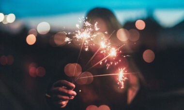 Hand holding four lit sparklers in the evening