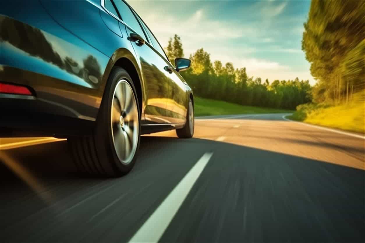 Side view of a car driving down a road